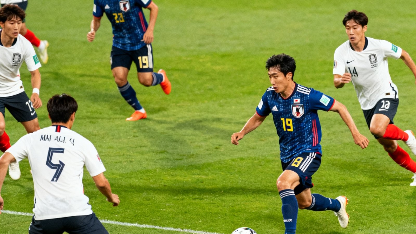 日本对阵韩国的亚洲杯半决赛高清直播画面,日本队在前场快速传导球,韩国防线严阵以待。